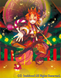 Rule 34 | 1boy, cardfight!! vanguard, company name, facial mark, fang, fur trim, horns, japanese clothes, leaf, long hair, male focus, official art, oil-paper umbrella, open mouth, orange hair, petals, red eyes, robust stealth rogue terukage, sandals, solo, umbrella