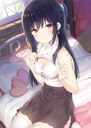 Rule 34 | 1girl, black bra, black hair, black ribbon, blush, bra, breasts, cleavage, cleavage cutout, closed mouth, clothing cutout, earrings, hatsuki kaname, heart, heart-shaped pillow, indoors, jewelry, long hair, looking at viewer, medium breasts, on bed, original, pillow, red eyes, ribbon, shirt, shirt tucked in, short ponytail, sitting, sleeveless, sleeveless shirt, smile, solo, thighhighs, underwear, wariza, white shirt, white thighhighs, window, zettai ryouiki