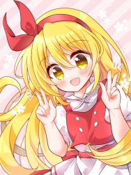 Rule 34 | 1girl, apron, blonde hair, blush, bow, buttons, commentary request, double v, ellen (touhou), gesture, hair bow, hairband, happy, head tilt, highres, long hair, looking at viewer, open mouth, puffy short sleeves, puffy sleeves, red bow, red hairband, red skirt, red vest, shirt, short sleeves, skirt, touhou, touhou (pc-98), turtleneck, upper body, v, very long hair, vest, waist apron, white apron, white shirt, yellow eyes, yurufuwa milk