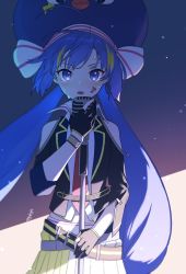 Rule 34 | 1girl, ahoge, bad id, bad twitter id, black gloves, black jacket, blue eyes, blue hair, blue headwear, commentary, cowboy shot, eighth note, facial tattoo, gloves, highres, holding, holding microphone, holding microphone stand, jacket, large hat, long hair, microphone, microphone stand, musical note, necktie, otomachi una, otomachi una (spicy), partially fingerless gloves, pleated skirt, red necktie, shirt, sidelighting, skirt, solo, standing, suiso sn3, sweat, tattoo, twintails, very long hair, vocaloid, white shirt, white skirt, wristband