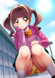 Rule 34 | 1girl, absurdres, blue sky, bow, bowtie, brown hair, closed mouth, cloud, commentary request, day, hayashi keita, healin&#039; good precure, highres, hiramitsu hinata, long sleeves, looking at viewer, outdoors, panties, precure, short hair, sky, smile, socks, solo, squatting, twintails, underwear, yellow bow, yellow bowtie, yellow eyes, yellow panties