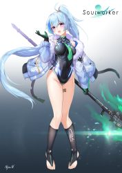 Rule 34 | 1girl, absurdres, barcode, barcode tattoo, bare shoulders, between breasts, black gloves, black leotard, black socks, blue hair, breasts, covered navel, ephnel, full body, fur trim, gloves, glowing, glowing eye, gradient background, groin, hand up, highleg, highleg leotard, highres, holding, holding polearm, holding spear, holding weapon, jacket, kneehighs, large breasts, latex, leg tattoo, leotard, long hair, long sleeves, looking at viewer, multicolored hair, necktie, nyun, off shoulder, open clothes, open jacket, open mouth, polearm, ponytail, purple eyes, shiny clothes, silver hair, socks, solo, soulworker, spear, standing, streaked hair, tattoo, thighs, toeless legwear, very long hair, watermark, weapon, white jacket