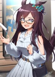 Rule 34 | 1girl, animal ears, bare shoulders, belt, black hair, blurry, blurry background, blush, breasts, brown hair, casual, cellphone, clothing cutout, collarbone, glasses, hair ornament, hairclip, horse ears, horse girl, horse tail, kagami (haret46), long hair, looking at viewer, medium breasts, mejiro dober (umamusume), off shoulder, open mouth, outdoors, phone, shirt, shoulder cutout, skirt, solo, surprised, sweat, tail, umamusume, very long hair, white shirt
