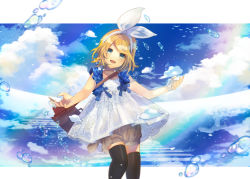 Rule 34 | 1girl, aqua eyes, bag, black pantyhose, blonde hair, blue sky, bow, cloud, commentary, cowboy shot, dress, hair bow, head tilt, kagamine rin, looking at viewer, ocean, open mouth, outstretched arms, pantyhose, rainbow, short hair, shorts, shoulder bag, sky, smile, solo, soriku, swept bangs, thighband pantyhose, vocaloid, water drop, white bow, white dress