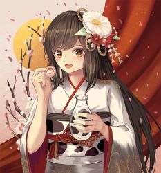 Rule 34 | 1girl, 2021, animal print, arms up, bad id, bad pixiv id, bottle, bottle cap, branch, brown eyes, brown hair, cherry blossoms, commentary request, cow print, curtains, flower, furisode, gradient background, grey background, hair flower, hair ornament, highres, holding, holding bottle, japanese clothes, kimono, long hair, looking at viewer, milk bottle, obi, ookashippo, open mouth, original, pink background, sash, seigaiha, solo, standing, sun symbol, upper body, very long hair, white kimono