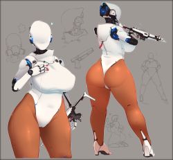 Rule 34 | 1girl, android, ass, bald, bald girl, blush, breasts, brown pantyhose, cameltoe, collage, commentary, covered erect nipples, curvy, english commentary, faceless, faceless female, full body, gun, gun sling, haydee (game), haydee (haydee), high heels, highres, holding, holding gun, holding weapon, huge breasts, humanoid robot, joints, justrube, leotard, metal skin, neon trim, pantyhose, partially colored, robot, robot joints, sketch, solo, submachine gun, thick thighs, thighs, thong leotard, weapon, white leotard, zipper pull tab