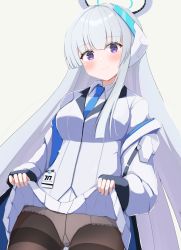 Rule 34 | 1girl, absurdres, blue archive, blue necktie, breasts, clothes lift, collared shirt, formal, grey hair, hair between eyes, halo, headphones, highres, id card, jacket, large breasts, long hair, looking at viewer, mechanical halo, necktie, noa (blue archive), open clothes, open jacket, panties, panties under pantyhose, pantyhose, pleated skirt, purple eyes, shirt, simple background, skirt, skirt lift, smile, standing, suit, underwear, uro kohara, very long hair, white background, white jacket, white skirt, white suit