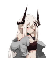 Rule 34 | 1girl, absurdres, arknights, bare shoulders, black choker, blush, breasts, choker, cleavage, closed eyes, commentary, crop top, grey jacket, hair between eyes, highres, horns, huizhiyin, infection monitor (arknights), jacket, long hair, material growth, medium breasts, midriff, mudrock (arknights), off shoulder, open clothes, open jacket, oripathy lesion (arknights), pointy ears, silver hair, simple background, solo, sports bra, stomach, upper body, white background