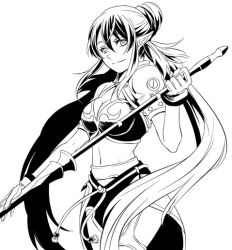 Rule 34 | 00s, 1girl, breasts, female focus, greyscale, judith (tales), long hair, midriff, miho (mi), monochrome, pointy ears, polearm, simple background, solo, tales of (series), tales of vesperia, weapon, white background