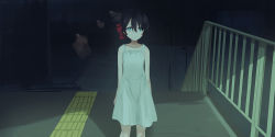 Rule 34 | 1girl, arms at sides, bare arms, bare shoulders, black hair, blue eyes, bow, chihuri, closed mouth, collarbone, dress, hair between eyes, hair bow, hoshi meiko (chihuri), looking at viewer, original, railing, red bow, sleeveless, sleeveless dress, solo, standing, white dress