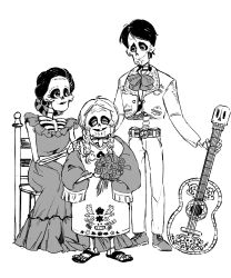 Rule 34 | 1boy, 2girls, acoustic guitar, bad id, bad twitter id, black hair, braid, coco (disney), couple, disney, dress, earrings, facial hair, father and daughter, flower, goatee, greyscale, guitar, hector rivera, highres, imelda rivera, instrument, jewelry, long hair, mama coco, mexican dress, monochrome, monochrome, mother and daughter, multiple girls, short hair, sitting, skeleton, skull, smile, spoilers, sweater