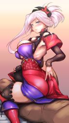 Rule 34 | 1boy, 1girl, armpits, ass, bed sheet, between buttocks, blue eyes, blush, boots, breasts, bulge, detached sleeves, erection, erection under clothes, fate/grand order, fate (series), girl on top, gradient background, hair ornament, highres, japanese clothes, kagami uekusa, knee boots, large breasts, long hair, looking back, miyamoto musashi (fate), miyamoto musashi (second ascension) (fate), parted lips, ponytail, sitting, sitting on person, thighhighs, white hair