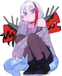 Rule 34 | 1girl, :t, admiral graf spee (azur lane), admiral graf spee (peaceful daily life) (azur lane), aran sweater, azur lane, bare shoulders, black choker, black footwear, black pantyhose, black skirt, blue eyes, blue tail, blunt bangs, brown sweater, cable knit, choker, closed mouth, clothing cutout, fins, fish tail, hair between eyes, hand on own cheek, hand on own face, highres, long sleeves, looking at viewer, multicolored hair, official alternate costume, pantyhose, red hair, rikikitty, shark tail, short hair, shoulder cutout, sidelocks, signature, simple background, skirt, solo, squatting, streaked hair, sweater, tail, two-tone hair, white background, white hair