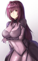 Rule 34 | 1girl, bodysuit, breasts, covered navel, fate/grand order, fate (series), gradient background, highres, large breasts, long hair, purple bodysuit, purple hair, rakam (artist), red eyes, scathach (fate), sketch, solo