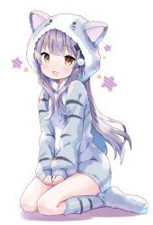 Rule 34 | 1girl, :d, amimi, animal costume, blush, brown hair, commission, copyright request, grey socks, grey sweater, hair ornament, hairclip, highres, hood, hood up, long hair, long sleeves, looking at viewer, open mouth, seiza, simple background, sitting, skeb commission, smile, socks, solo, star (symbol), sweater, white background, yellow eyes