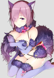 Rule 34 | 1girl, animal ears, blush, boots, breasts, cleavage, closed mouth, covering privates, covering chest, elbow gloves, eyes visible through hair, fate/grand order, fate (series), fur-trimmed gloves, fur-trimmed legwear, fur collar, fur trim, gloves, grey background, hair over one eye, halloween, halloween costume, high heel boots, high heels, kusano houki, lace, lace-trimmed legwear, lace trim, large breasts, leaning forward, looking at viewer, mash kyrielight, mash kyrielight (dangerous beast), o-ring, o-ring top, official alternate costume, purple eyes, purple footwear, purple gloves, purple hair, purple thighhighs, short hair, simple background, sitting, smile, solo, tail, thigh boots, thighhighs, thighs, tsurime, wariza, wolf ears, wolf tail