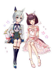Rule 34 | 2girls, ^ ^, absurdres, animal ears, bare shoulders, black socks, blue eyes, blue footwear, blunt bangs, bouquet, bow, bowtie, bridal veil, bride, closed eyes, collarbone, commentary, dress, ear covers, facing viewer, female focus, flower, hair between eyes, highres, holding, holding bouquet, horse ears, horse girl, horse tail, invisible chair, jewelry, kneehighs, long sleeves, morizu929, multiple girls, necklace, nishino flower (sweet juneberry) (umamusume), nishino flower (umamusume), off-shoulder dress, off shoulder, official alternate costume, pearl necklace, pink dress, purple hair, seiun sky (soiree de chaton) (umamusume), seiun sky (umamusume), short hair, simple background, single ear cover, sitting, smile, socks, symbol-only commentary, tail, umamusume, veil, wedding dress, white background, wife and wife, yuri