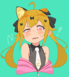 Rule 34 | 1girl, absurdres, ahoge, animal ear fluff, animal ears, black bow, black ribbon, black shirt, blonde hair, blush, bow, collared shirt, commentary, copyright request, cropped torso, fang, green background, hair bow, hair ribbon, half-closed eye, highres, jacket, jigatei (omijin), long hair, looking at viewer, necktie, parted lips, pink jacket, red eyes, ribbon, shirt, simple background, sleeveless, sleeveless shirt, solo, sweat, symbol-only commentary, twintails, uneven eyes, upper body, white necktie
