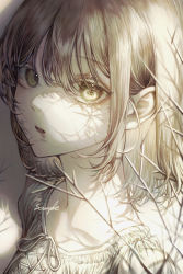 Rule 34 | 1girl, absurdres, blonde hair, dress, hair between eyes, highres, ind (121), looking at viewer, looking to the side, monochrome, open mouth, original, portrait, scratches, sepia, short hair, solo, yellow eyes