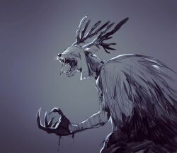 Rule 34 | antlers, bandages, bandages over eyes, bloodborne, body fur, claws, fingernails, from side, gradient background, grey background, horns, monster, no humans, open mouth, sharp fingernails, sharp teeth, solo, teeth, vicar amelia, yourfreakyneighbourh