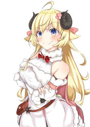 Rule 34 | &gt;:), 1girl, absurdres, ahoge, animal ears, bare shoulders, belt pouch, blonde hair, blush, bow, bowtie, breast hold, breasts, brooch, cape, cowboy shot, crossed arms, detached sleeves, dress, fur-trimmed cape, fur-trimmed dress, fur-trimmed sleeves, fur trim, hair between eyes, hair ornament, hairclip, halter dress, halterneck, highres, hololive, horns, jewelry, large breasts, long hair, pink cape, pouch, purple eyes, red bow, red bowtie, ribbed sleeves, sheep ears, sheep girl, sheep horns, short dress, simple background, sleeveless, sleeveless dress, solo, tsunomaki watame, tsunomaki watame (1st costume), uc curage, v-shaped eyebrows, very long hair, virtual youtuber, white background, white dress