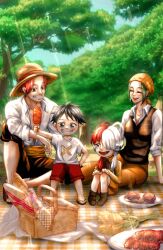 Rule 34 | 2boys, 2girls, aged down, bandana, black hair, closed eyes, food, full body, green hair, hair over one eye, hat, head scarf, headphones, long hair, looking at viewer, makino (one piece), medium hair, monkey d. luffy, multicolored hair, multiple boys, multiple girls, nanapoy, official alternate costume, one eye covered, one piece, one piece film: red, open mouth, picnic, red hair, shanks (one piece), short hair, sitting, smile, straw hat, tree, two-tone hair, uta (one piece)