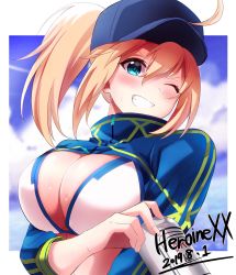 Rule 34 | 1girl, ahoge, artoria pendragon (fate), bikini, blonde hair, blurry, blurry background, blush, border, breasts, can, character name, cleavage, crop top, dated, drink, fate/grand order, fate (series), hair between eyes, hand up, hat, high collar, highres, holding, holding can, karaage bou, large breasts, long sleeves, looking at viewer, medium hair, mysterious heroine x (fate), mysterious heroine xx (fate), outside border, ponytail, purple eyes, purple hat, sidelocks, smile, solo, standing, sweat, swimsuit, teeth, upper body