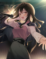 Rule 34 | 1girl, :d, blurry, blurry background, blush, breasts, brown eyes, brown hair, brown skirt, cowboy shot, dress, hand in own hair, highres, indoors, jacket, jacket on shoulders, kanda done, large breasts, light, long hair, long sleeves, looking at viewer, messy hair, microphone, open mouth, original, reaching, shirt, skirt, smile, solo