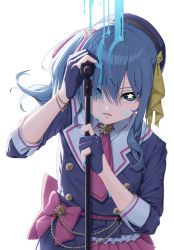 Rule 34 | 1girl, absurdres, blue eyes, blue hair, blue hat, blue jacket, bow, bracelet, buttons, double-breasted, gloves, hand up, hat, highres, hololive, hoshimachi suisei, idol, jacket, jewelry, looking at viewer, medium hair, necktie, open mouth, paint, partially fingerless gloves, pink bow, pink necktie, pouring, simple background, skirt, solo, star-shaped pupils, star (symbol), symbol-shaped pupils, taiga (ryukyu-6102-8), virtual youtuber, white background