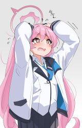 Rule 34 | + +, 1girl, arms up, black skirt, blue archive, blue necktie, blush, blush stickers, collared shirt, commentary request, gradient background, grey background, halo, highres, jacket, koyuki (blue archive), long hair, long sleeves, necktie, open mouth, pink eyes, pink hair, pink halo, pleated skirt, shirt, skirt, solo, sparkling eyes, very long hair, white jacket, white shirt, yuuichi (reductionblack)