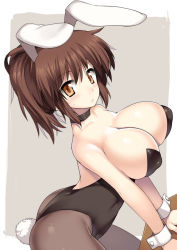 Rule 34 | 1girl, animal ears, arched back, arm support, ass, bare shoulders, bent over, blush, breasts, brown eyes, brown hair, bursting breasts, choker, cleavage, covered erect nipples, fake animal ears, gender request, genderswap, huge breasts, kyon, kyonko, leotard, looking at viewer, nagase haruhito, pantyhose, playboy bunny, ponytail, rabbit ears, rabbit tail, solo, suzumiya haruhi no yuuutsu, sweatdrop, tail, wrist cuffs