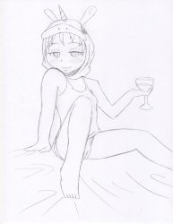 Rule 34 | 1girl, :3, alcohol, animal hood, barefoot, bed, blush, breasts, cleft of venus, collarbone, cup, drink, drinking glass, holding, hood, horn, looking at viewer, monochrome, omocommando, panties, shirt, short hair, sitting, sketch, small breasts, smile, tank top, underwear, unicorn, wine, wine glass