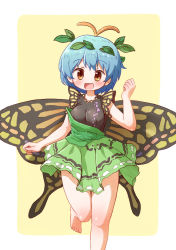 Rule 34 | 1girl, antennae, arinu, barefoot, blue hair, brown eyes, butterfly wings, commentary request, dress, eternity larva, hair ornament, highres, insect wings, leaf, leaf hair ornament, leaf on head, leg up, open mouth, short hair, short sleeves, smile, solo, thighs, touhou, wings, yellow background