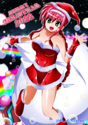 Rule 34 | 1girl, :d, amitie florian, bare shoulders, boots, braid, braided ponytail, breasts, christmas, dress, english text, floating, fur-trimmed dress, fur-trimmed gloves, fur trim, gift, gloves, green eyes, hairband, half gloves, hat, highres, holding, holding sack, light particles, long hair, looking at viewer, lyrical nanoha, medium breasts, merry christmas, microdress, open mouth, rainbow, rappasan05, red dress, red footwear, red gloves, red hair, red headwear, sack, santa boots, santa dress, santa gloves, santa hat, sidelocks, single braid, smile, solo, sparkle, standing, strapless, strapless dress, twitter username, very long hair, waving, white hairband