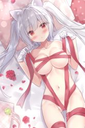 Rule 34 | 1girl, animal ear fluff, animal ears, bag, bed sheet, blush, breasts, cat ears, cleavage, collarbone, commentary request, flower, gloves, gluteal fold, hair between eyes, highres, large breasts, long hair, looking at viewer, lying, naked ribbon, navel, on back, original, parted lips, petals, pillow, red eyes, red flower, red rose, ribbon, rose, saeki sora, silver hair, solo, twintails, white gloves