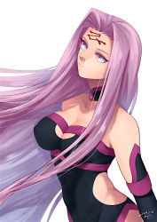 Rule 34 | 1girl, 2018, breasts, cleavage, cleavage cutout, clothing cutout, dated, facial mark, fate/grand order, fate (series), female focus, forehead mark, large breasts, leotard, long hair, matching hair/eyes, medusa (fate), medusa (rider) (fate), medusa (rider) (third ascension) (fate), nishiyama (whatsoy), purple eyes, purple hair, side cutout, solo, square pupils, very long hair