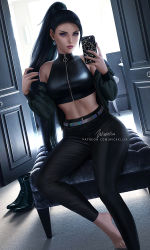 Rule 34 | abs, ass, barefoot, bench, black hair, black pants, black top, boots, unworn boots, breasts, carpet, cellphone, crop top, crystal, door, earrings, feet, hairband, holding, holding phone, holographic belt, holographic clothing, jacket, jacket partially removed, jewelry, k/da (league of legends), kai&#039;sa, league of legends, leather, leather pants, nail polish, no shoes, official alternate costume, pants, phone, photo background, ponytail, purple eyes, purple nails, selfie, shoes, unworn shoes, sitting, smartphone, solo, stomach, taking picture, the baddest kai&#039;sa, tight clothes, tight pants, wickellia, zipper