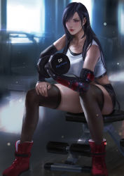 Rule 34 | 1girl, bare shoulders, black bra, black gloves, black hair, black shirt, black thighhighs, bra, breasts, brown eyes, crop top, curling, dumbbell, earrings, elbow gloves, elbow pads, exercising, final fantasy, final fantasy vii, final fantasy vii remake, full body, gloves, gym, hair over one eye, indoors, jewelry, large breasts, leaning forward, long hair, looking ahead, midriff, necklace, red footwear, shirt, sitting, sleeveless, sleeveless shirt, solo, sports bra, square enix, thighhighs, thighs, tifa lockhart, treadmill, underwear, weightlifting, white shirt, window, xixi (xixihenlan ing)