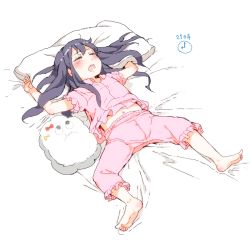 Rule 34 | 10s, 1girl, akatsuki (kancolle), alternate costume, barefoot, commentary request, drooling, closed eyes, gomennasai, kantai collection, long hair, lying, miss cloud, navel, on back, open mouth, pajamas, pillow, red ribbon, ribbon, short sleeves, sleeping, solo, spread legs, yellow ribbon