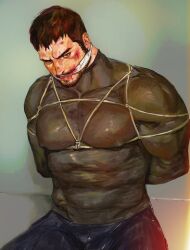 Rule 34 | 123456dyom, 1boy, absurdres, arms behind back, bara, black hair, black pants, black shirt, blood, blood from mouth, blood on face, bound, bound arms, chris redfield, covered erect nipples, facial hair, gag, gagged, highres, injury, large pectorals, male focus, muscular, muscular male, pants, pectorals, resident evil, resident evil village, rope, shibari, shibari over clothes, shirt, short hair, solo, underbust