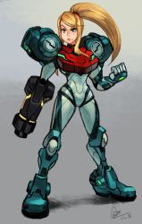 Rule 34 | 1girl, alex ahad, arm cannon, armor, blonde hair, clenched hand, full body, grey background, highres, looking at viewer, metroid, metroid dread, mole, mole under mouth, narrow waist, nintendo, no headwear, ponytail, power armor, samus aran, solo, standing, weapon