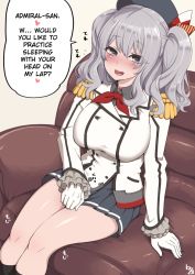Rule 34 | 10s, 1girl, black socks, blush, breasts, epaulettes, frilled sleeves, frills, gloves, grey eyes, grey hair, hanauna, hard-translated, hat, heart, kantai collection, kashima (kancolle), kneehighs, large breasts, looking at viewer, military, military uniform, miniskirt, open mouth, pleated skirt, sidelocks, sitting, skirt, smile, socks, solo, third-party edit, translated, twintails, uniform, wavy hair, white gloves