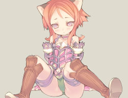 Rule 34 | 1girl, animal ears, arm support, armor, bad id, bad pixiv id, bare shoulders, blade (galaxist), blush, boots, cat ears, elbow gloves, elin, fingerless gloves, gloves, long hair, looking at viewer, orange hair, original, purple eyes, simple background, sitting, solo, tera online