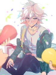 Rule 34 | 1boy, 3others, blurry, blurry foreground, blush, collarbone, confetti, danganronpa (series), danganronpa 2: goodbye despair, food, food on head, gift, green jacket, grey eyes, grey hair, grey shirt, hair between eyes, happy birthday, highres, holding, jacket, knee up, komaeda nagito, long sleeves, looking at viewer, male focus, messy hair, multiple others, object on head, off shoulder, open clothes, open jacket, plate, print shirt, shirt, short hair, sitting, smile, solo focus, suzumetarou, white shirt