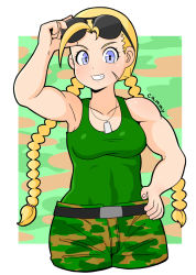Rule 34 | 1girl, adjusting eyewear, braid, buraninn, cammy white, cosplay, eyewear on head, guile, guile (cosplay), hand on own hip, highres, military, simple background, solo, street fighter, sunglasses, tank top, twin braids