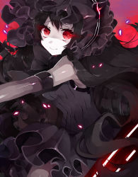 Rule 34 | 10s, 1girl, abyssal ship, bad id, bad pixiv id, black dress, black hair, dress, glowing, glowing eyes, headdress, highres, horns, isolated island oni, kantai collection, long hair, looking at viewer, pantyhose, personification, red eyes, smile, solo, yuge ks