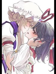 Rule 34 | 2girls, ascot, bare shoulders, black border, blush, border, bow, breasts, brown eyes, brown hair, closed mouth, collared dress, commentary, detached sleeves, dress, eyelashes, frills, grey hair, hair between eyes, hair bow, hair ornament, hair tubes, hakurei reimu, hand up, hands up, hat, hat bow, imminent kiss, juliet sleeves, light brown hair, long sleeves, looking at another, looking away, looking down, medium breasts, medium hair, mob cap, multiple girls, open mouth, puffy sleeves, purple vest, red bow, red dress, red eyes, short hair, short hair with long locks, sidelocks, simple background, standing, symbol-only commentary, tabard, tongue, touhou, vest, white background, white dress, white headwear, wide sleeves, yakumo yukari, yellow ascot, yuggug, yuri