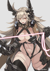 Rule 34 | 1girl, ahoge, armor, bikini armor, blonde hair, boots, breasts, cape, cleavage, commentary request, cowboy shot, cuboon, energy whip, eyes visible through hair, fang, faucre the evil overlord, gauntlets, grey background, hair between eyes, headpiece, holding, holding weapon, holding whip, horns, large breasts, last origin, long hair, navel, open mouth, orange eyes, pauldrons, revealing clothes, shoulder armor, shoulder spikes, simple background, sketch, solo, spikes, string bra, tearing up, teeth, thigh boots, thighhighs, tongue, twitter username, weapon