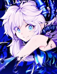 Rule 34 | + +, 1girl, armor, asymmetrical clothes, bad id, bad pixiv id, bare shoulders, blue eyes, crazy eyes, crazy smile, darkness, diabla (elsword), elsword, eyebrows, eyes visible through hair, fang, grin, hair over one eye, horns, hwansang, long hair, looking at viewer, luciela r. sourcream, official art, pointy ears, single pantsleg, skirt, smile, solo, spikes, symbol-shaped pupils, tail, thorns, white hair