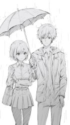 Rule 34 | 1boy, 1girl, absurdres, bad id, bad pixiv id, bag, brother and sister, closed mouth, collared shirt, greyscale, hair between eyes, highres, holding, holding umbrella, jacket, kamiyama high school uniform (project sekai), long sleeves, messy hair, monochrome, necktie, open clothes, open jacket, pants, pantyhose, pleated skirt, project sekai, rain, school bag, school uniform, see-through, see-through shirt, shared umbrella, shinonome akito, shinonome ena, shirt, short hair, siblings, simple background, skirt, tokkyu, umbrella, wing collar